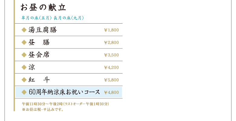 お昼の献立〜皐月の床（五月） 長月の床（九月）〜